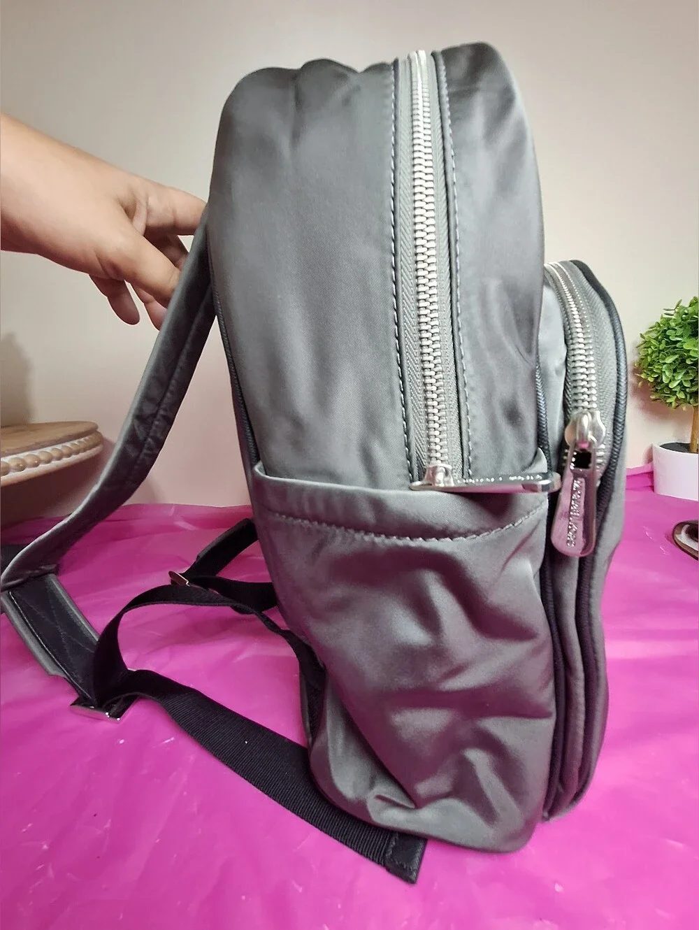 Michael Kors Gray Nylon Backpack with Silver Plate